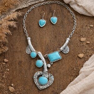 ✨Boho Turquoise Statement Necklace & Heart Earrings Set Silver Tone Western Vibe